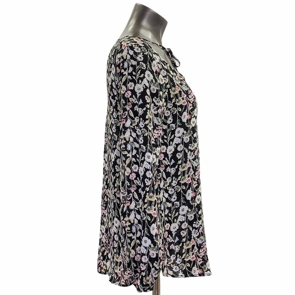 LAUREN Conrad Black Multicolored Floral Print V-Neck Tie bust Long Sleeve Blouse - Picture 4 of 12